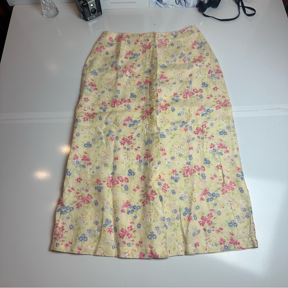 90s Linen Floral Midi Skirt | Liz Claiborne Coastal Garden A-Line - Picture 3 of 9